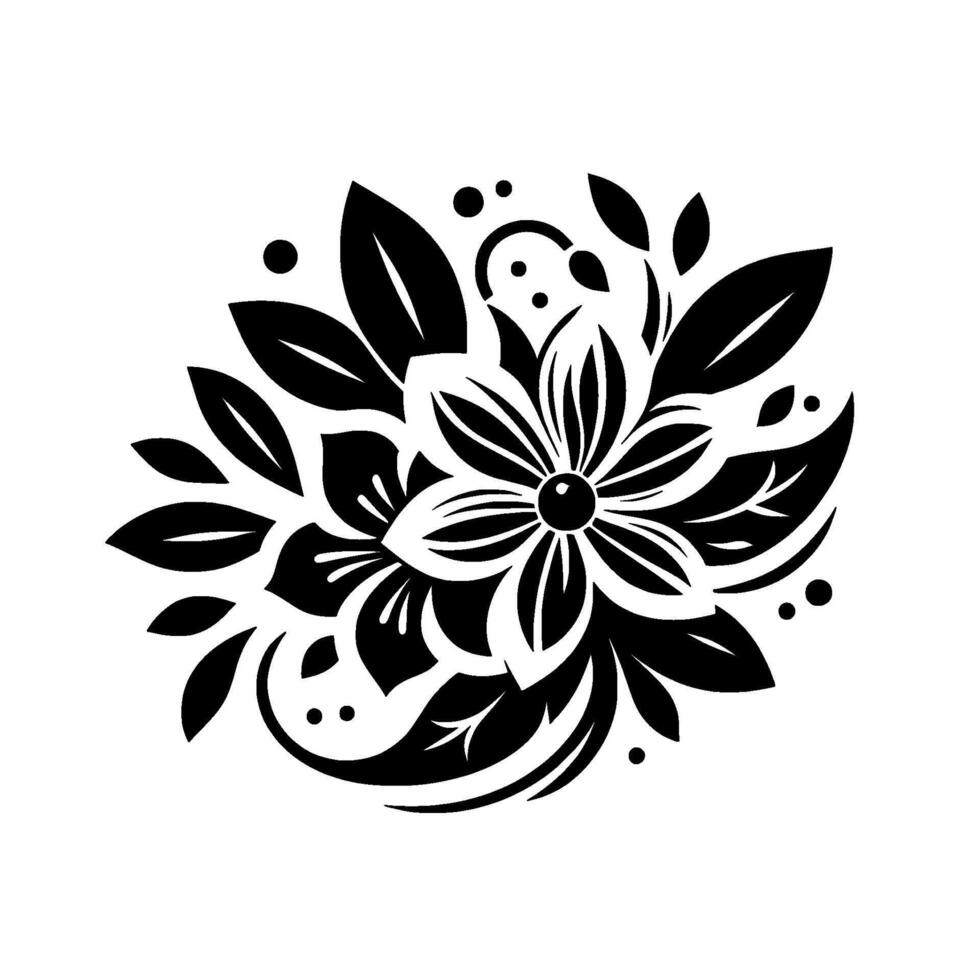 Elegant Black and White Floral Featuring Layered Blooms, Leaves, Curlicues, and Dot Accents on White Background. vector