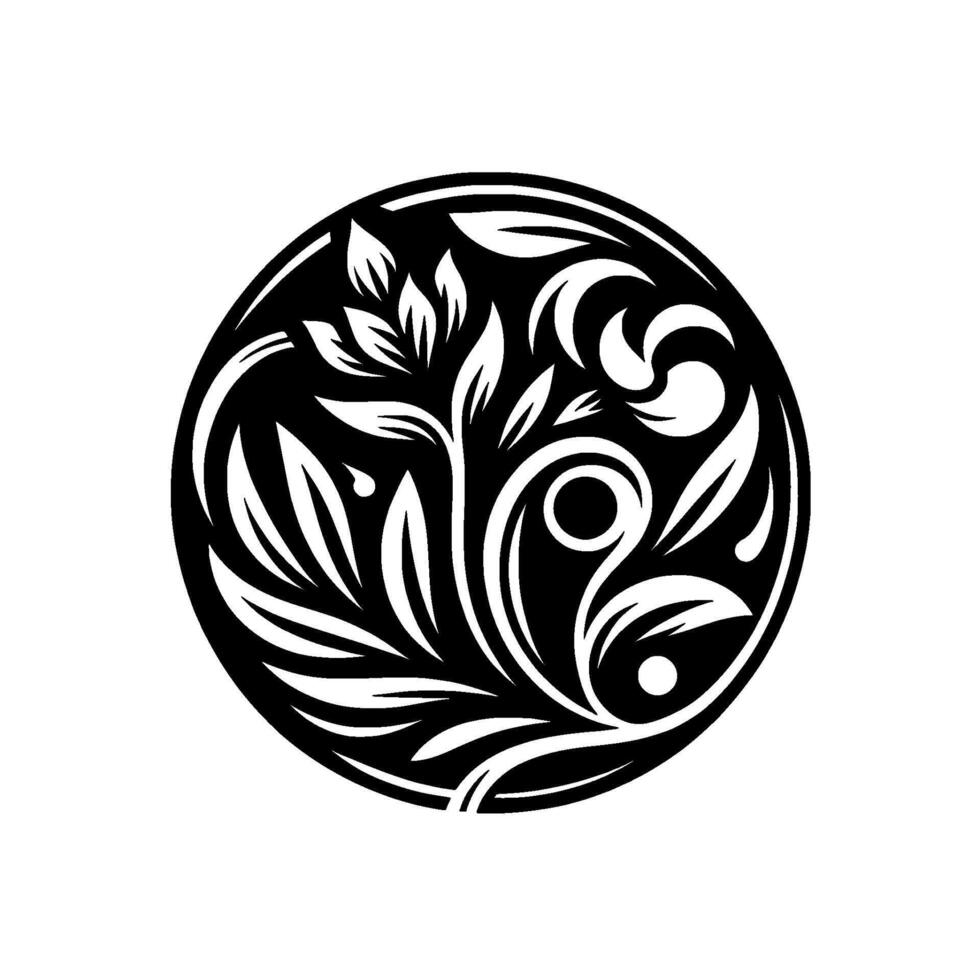 Intricate Black and White Floral Mandala with Leaves, Swirls, and Circle Composition on Clean White Background. vector