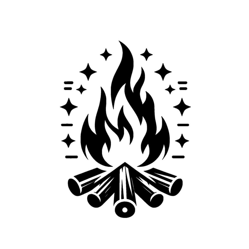 Minimalist Black and White Illustration of a Campfire with Flames, Embers, and Geometric Decorative Elements vector
