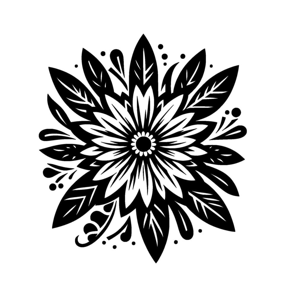 Symmetrical Black and White Floral Mandala, Featuring Detailed Petals, Leaves, Dots, and a Central Pattern on a White Background. vector