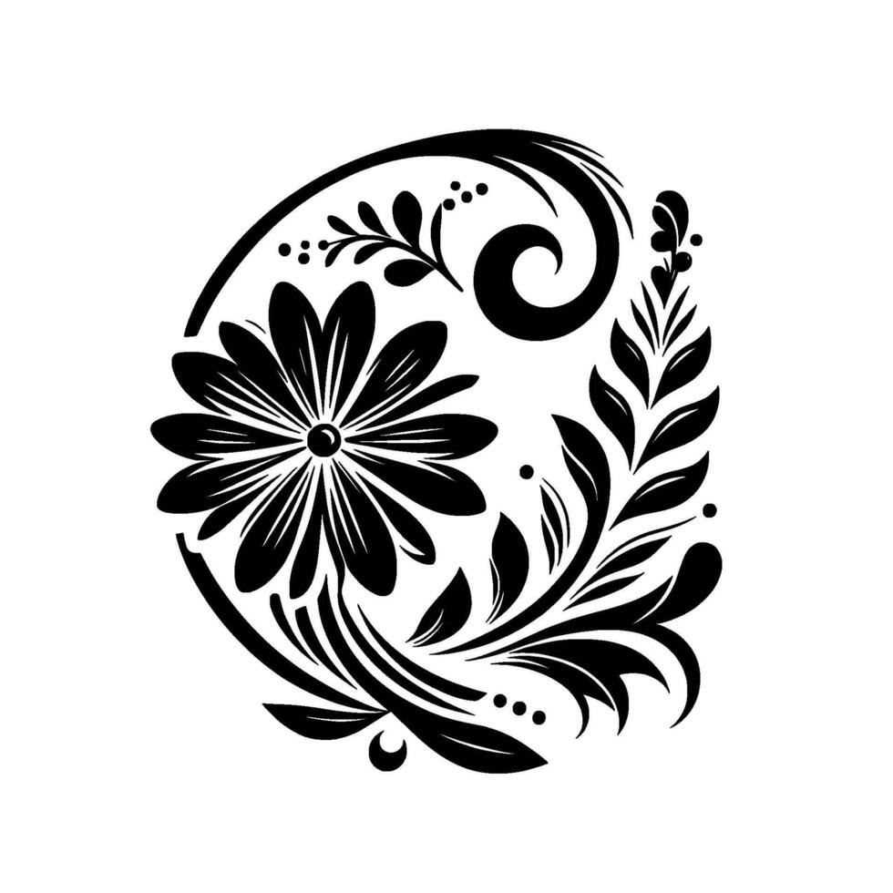 A symmetrical black and white floral , a daisy and leaf ornament enclosed within an oval shape, showcasing intricate details and a minimalist aesthetic. vector