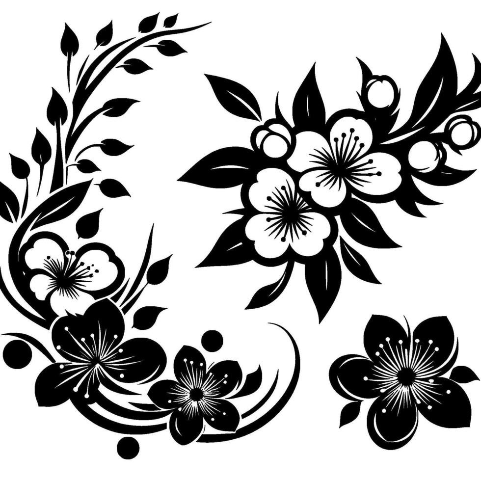art illustration of black and white cherry blossom arrangements with various forms, leaves, and buds against a stark white background. vector