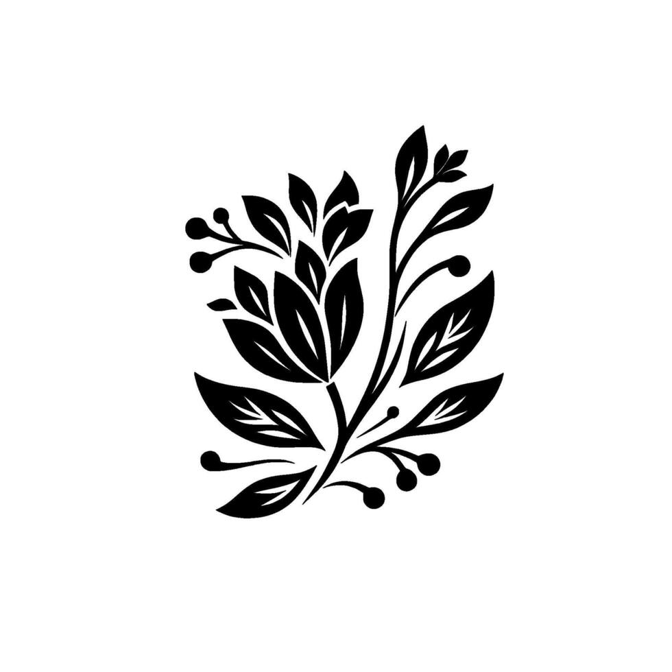 Minimalist Black White Floral Illustration Stylized Leaf Berry Arrangement on White Background, . vector