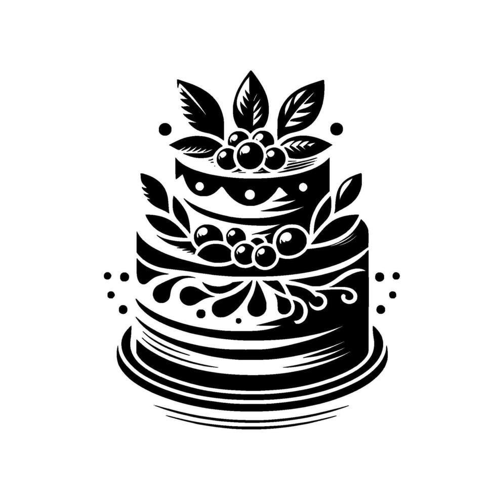 Elegant Black and White TwoTier Cake Illustration with Floral Embellishments, Berries and Leaves, on a white background. vector