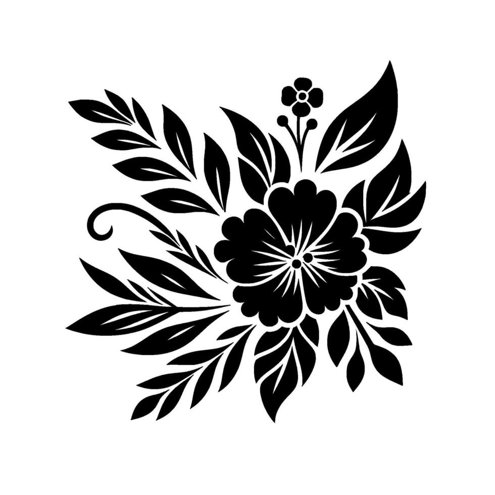 Black and white floral corner featuring a large flower with intricate petals, surrounding leaves, a small bud and elegant curves against a plain white background. vector