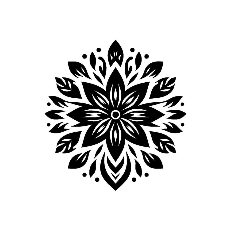 Symmetrical Black Floral Mandala with a Center Circle and Leaflike Petals on White Background vector
