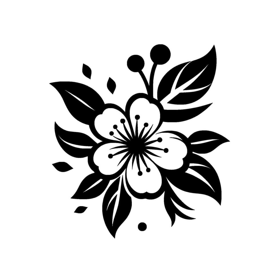 A minimalist, black and white illustration of a stylized flower with leaves and berries on white background, ideal for . vector