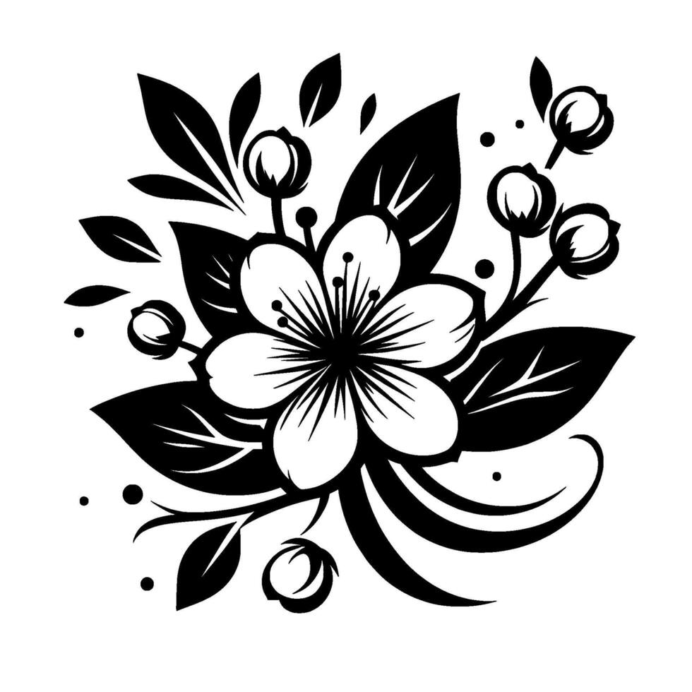 Intricate Black and White Floral Illustration A stylized blossoming flower with petals, leaves, and buds, creating a balanced, elegant composition. vector