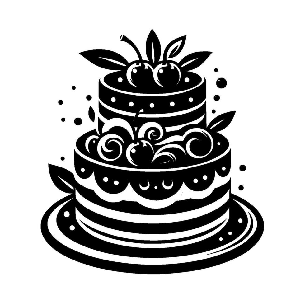 A twotiered black and white illustration of a festive cake, adorned with cherries and decorative elements. vector
