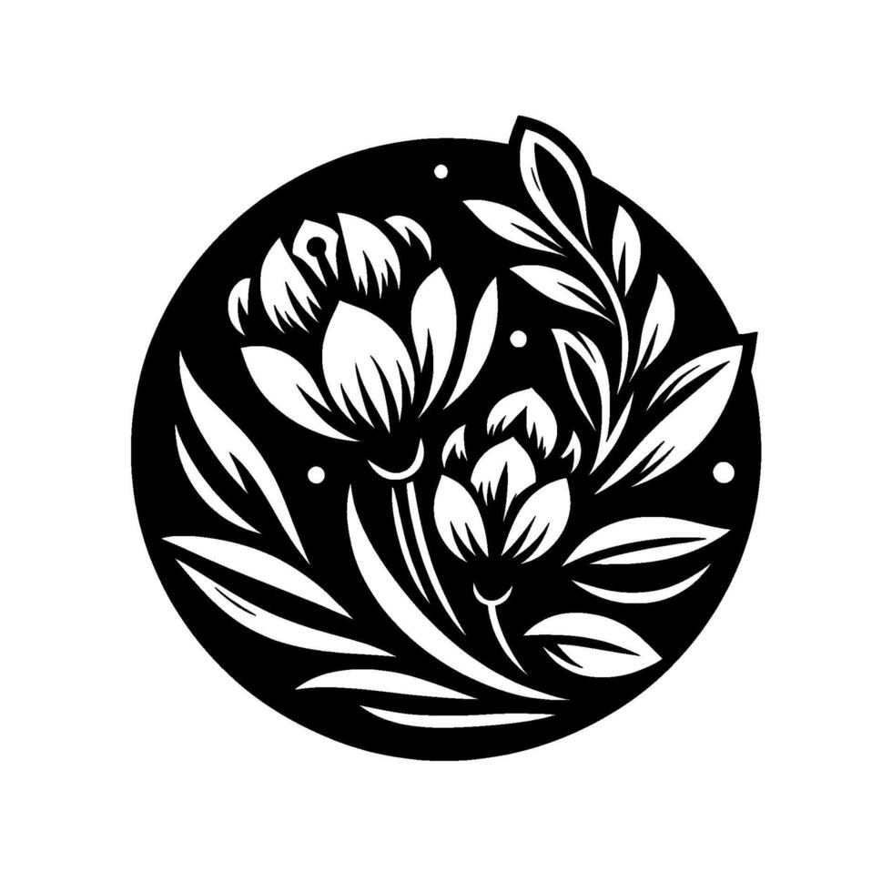 Elegant Black and White Floral within a Circle, Featuring Stylized Blooms and Leafy Branches, Minimalist Aesthetic. vector