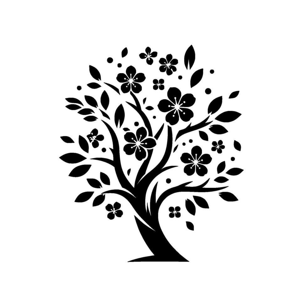 Stylized Black Cherry Blossom Tree Silhouette on White Background A Modern Illustration of Nature and Spring. vector