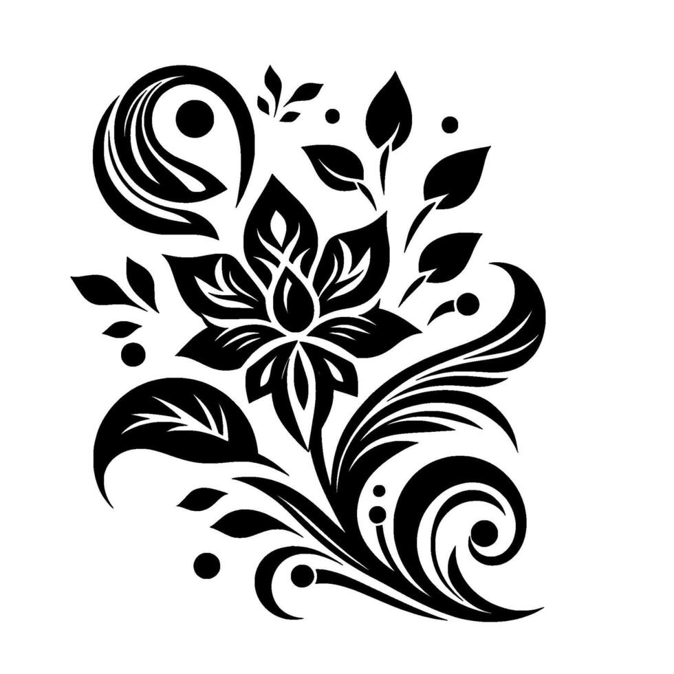 Intricate black and white illustration of a stylized floral featuring a lotus flower, leaves, and swirling elements on a clean white background. vector