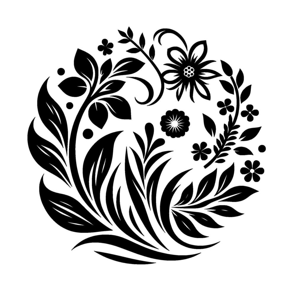 Intricate Circular Floral Arrangement Bold Black and White Botanical Composition with Leaves, Flowers, and Decorative Elements. vector