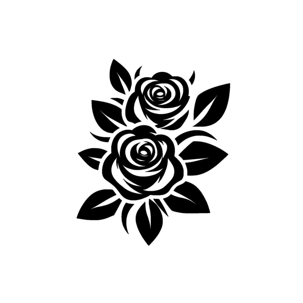 Stylized Black and White Floral Two Roses and Leaves on White Backdrop, Illustration. vector