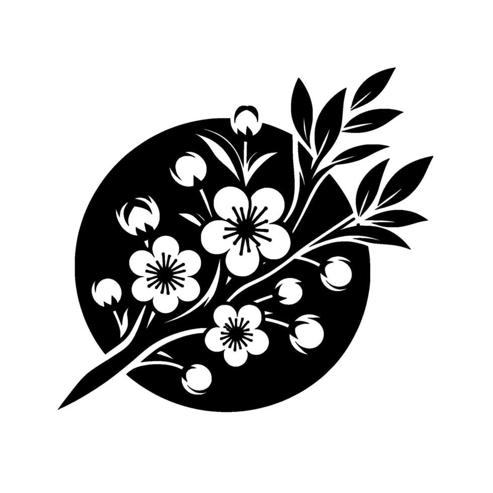 Stylized Black and White Cherry Blossom Branch, Set Against a Dark Circular Backdrop, Minimalist Japanese Aesthetic. vector