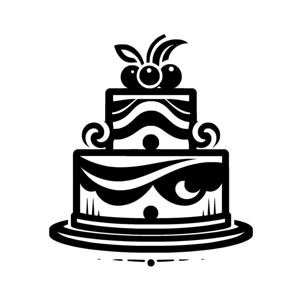 Elegant Black and White Tiered Cake Illustration Featuring Cherries and Swirls, for Celebration Imagery vector