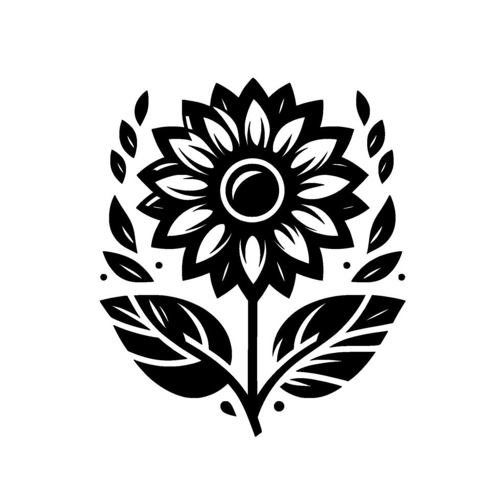 Detailed Black White Sunflower Illustration with Stylized Petals, Leaves, and Subtle Dot Detailing on White Background. vector