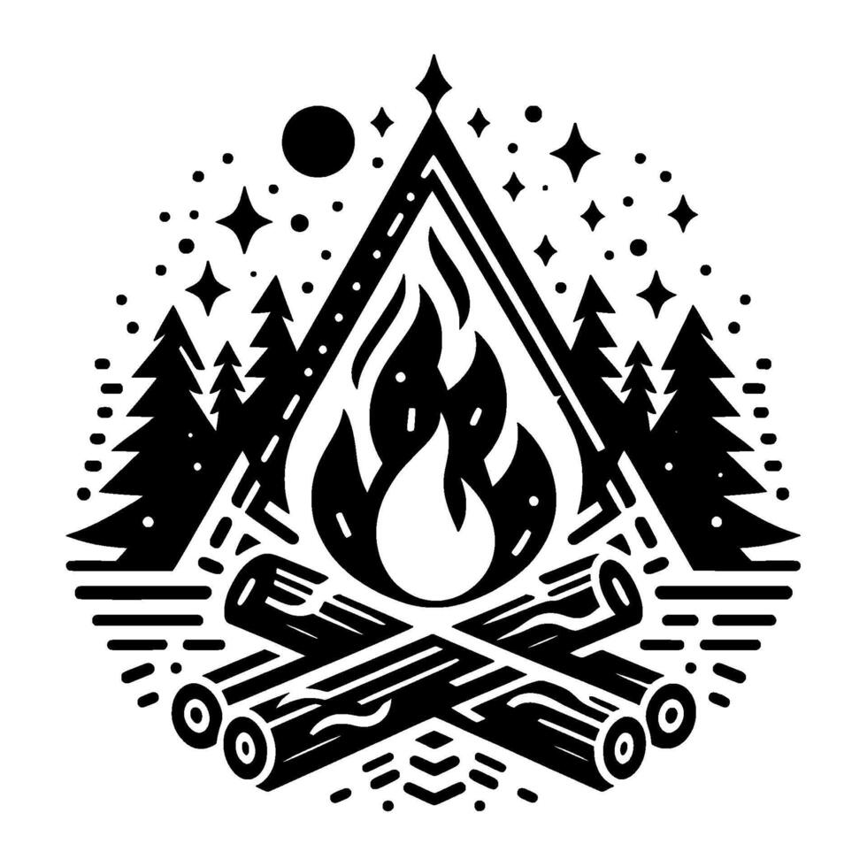 Campfire Silhouette Night scene of a glowing bonfire, under a moon starry sky, encircled by trees and logs. vector