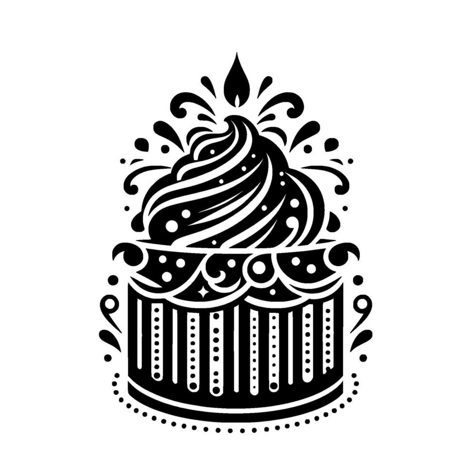 Ornate Black White Illustration of a Cupcake with Swirling Frosting, Embellished Elements, and Decorative Dots on White Background. vector