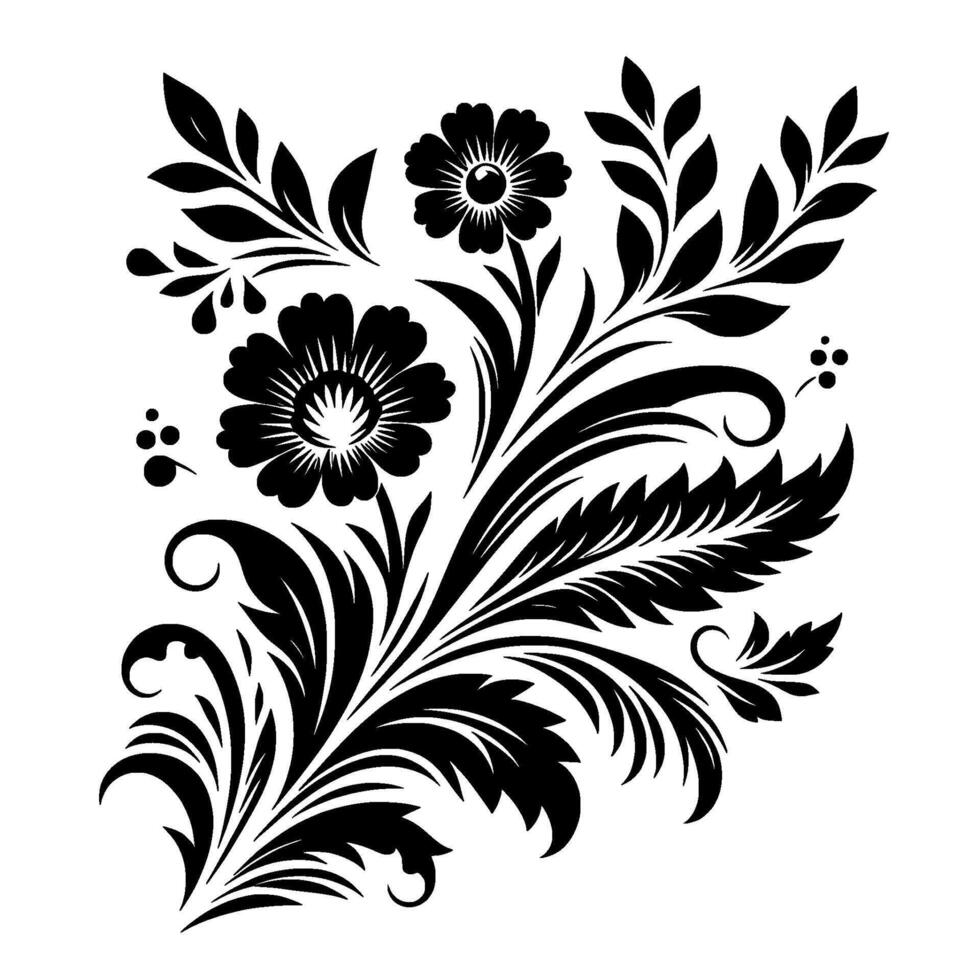 Bold Black Floral Motif on White Background Artistic Depiction of Flowers, Leaves, and Decorative Elements in a Symmetrical Arrangement. vector