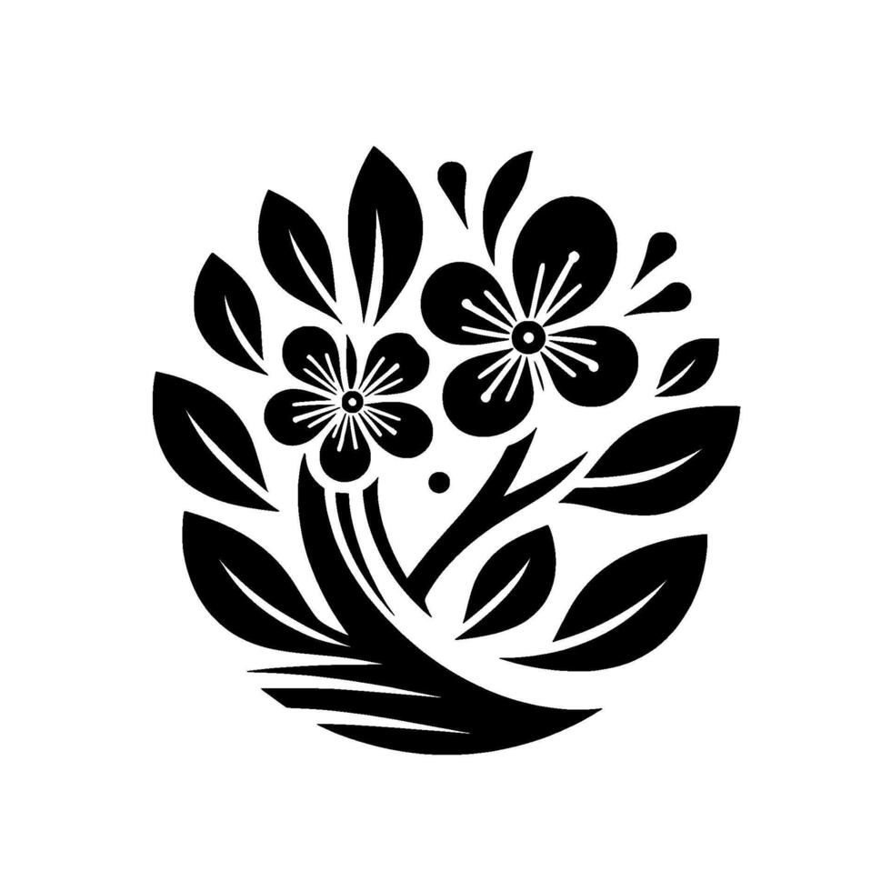 Elegant Black and White Floral Illustration Two Flowers, Leaves, and Accents in a Circular Composition, Minimalist vector