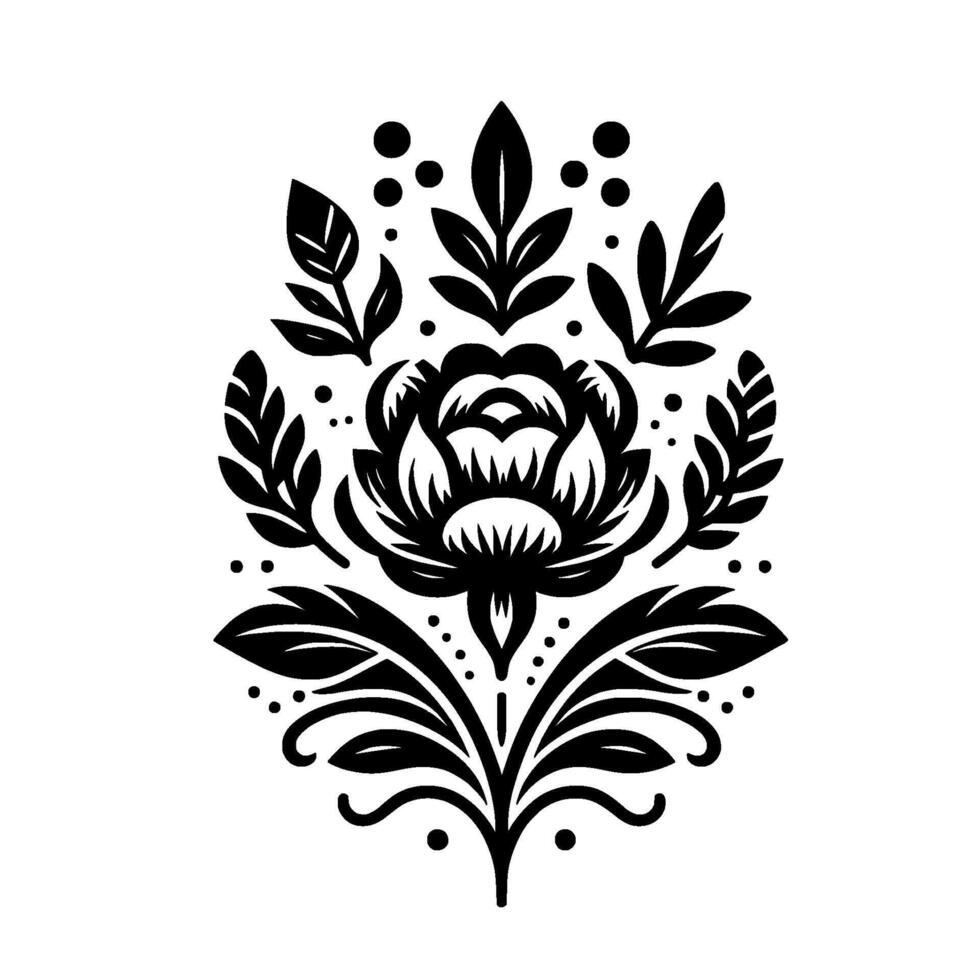 Stylized Black Floral on White Background A symmetrical, ornate flower with leaves and dots, a classic ornamental motif. vector