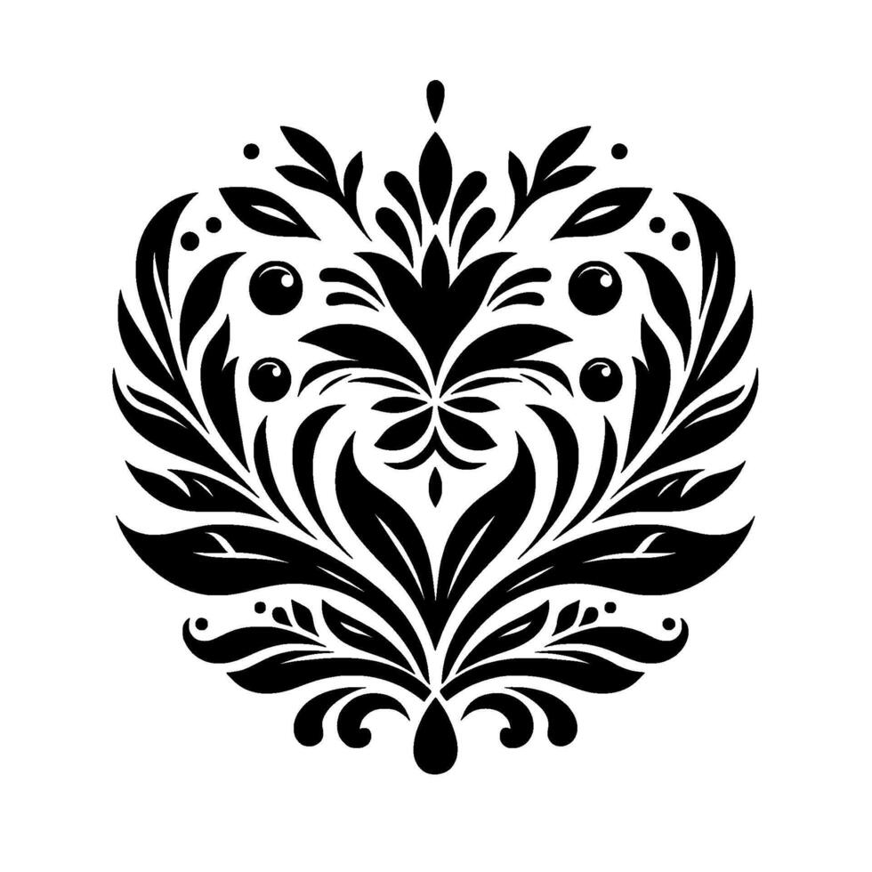 Symmetrical Black and White Floral Ornament with Detailed Leaves and Berries on a White Background vector