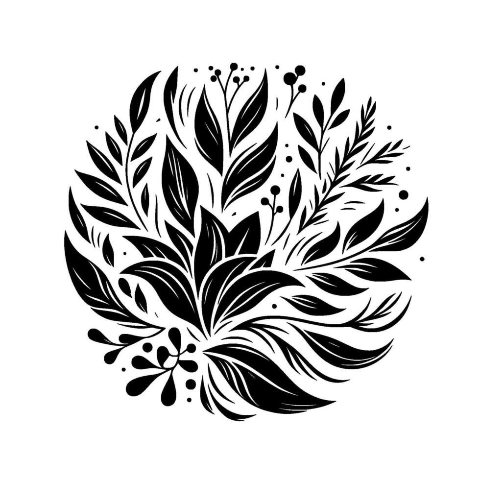 A black and white circular floral featuring stylized leaves, berries, and branches, radiating outwards on a white background. vector