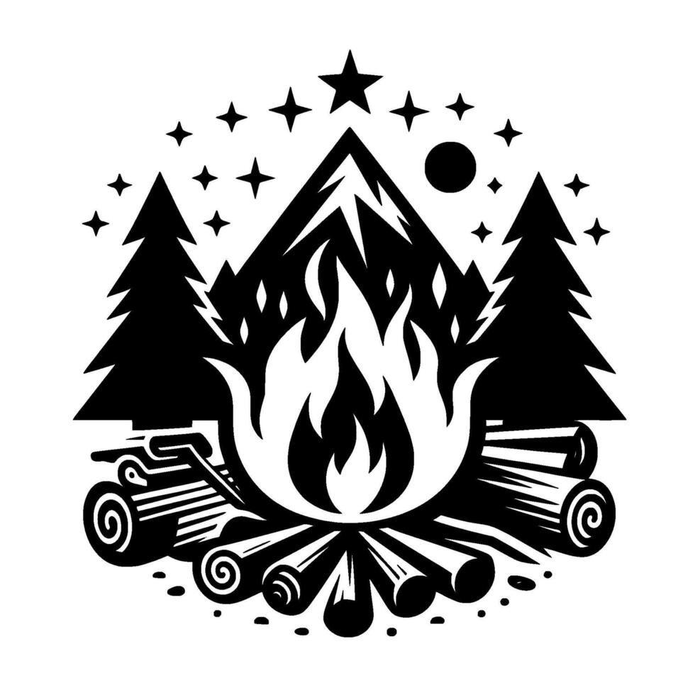 Stylized monochrome illustration of a campfire at night with trees, a mountain, stars, and a full moon. vector