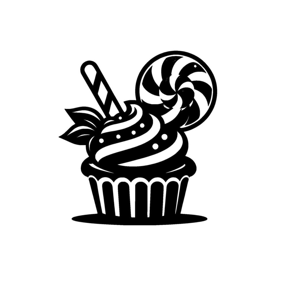 Black and white cupcake with swirly frosting, candy cane, spiral lollipop, and leaves on a white background. vector
