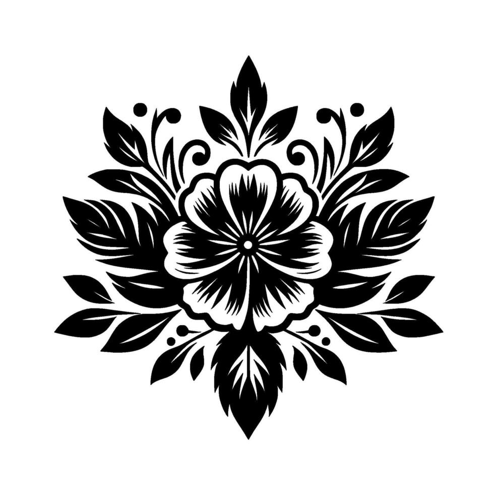 Symmetrical Black and White Floral with Detailed Leaves, Petals and Swirls on a Clean White Background, perfect for patterns. vector