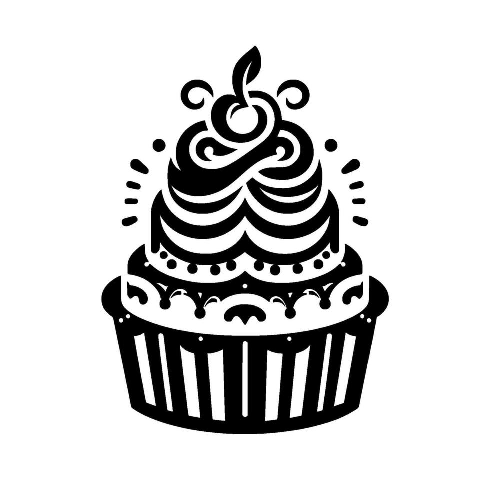 Ornate Black and White Cupcake Illustration with Swirls, Dots, Leaf, and Vertical Lines in Muffin Cup, Isolated on White. vector