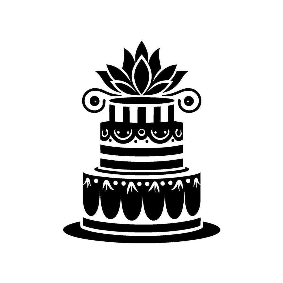 Elegant Black and White Tiered Cake with Lotus Flower Topper, Decorative Scrolls and Ornate Patterns, Festive . vector