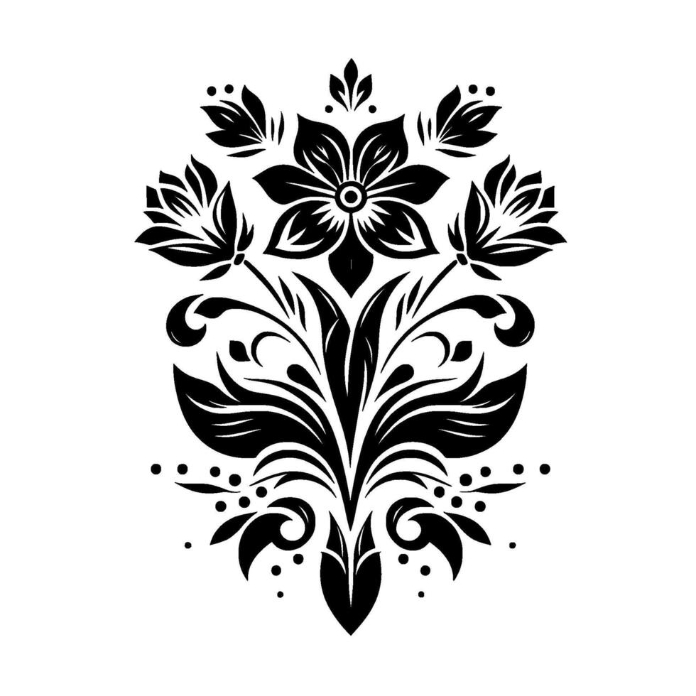 Symmetrical Black Floral Ornament with Detailed Petals, Leaves, and Delicate Curlicues on a White Background. vector