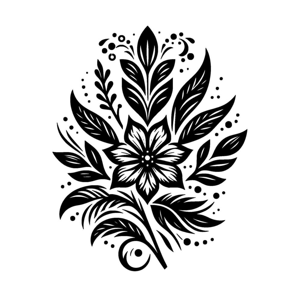 Intricate Black and White Floral , Featuring a Central Flower and Leafy Accents, Detailed Stylized Ornament. vector