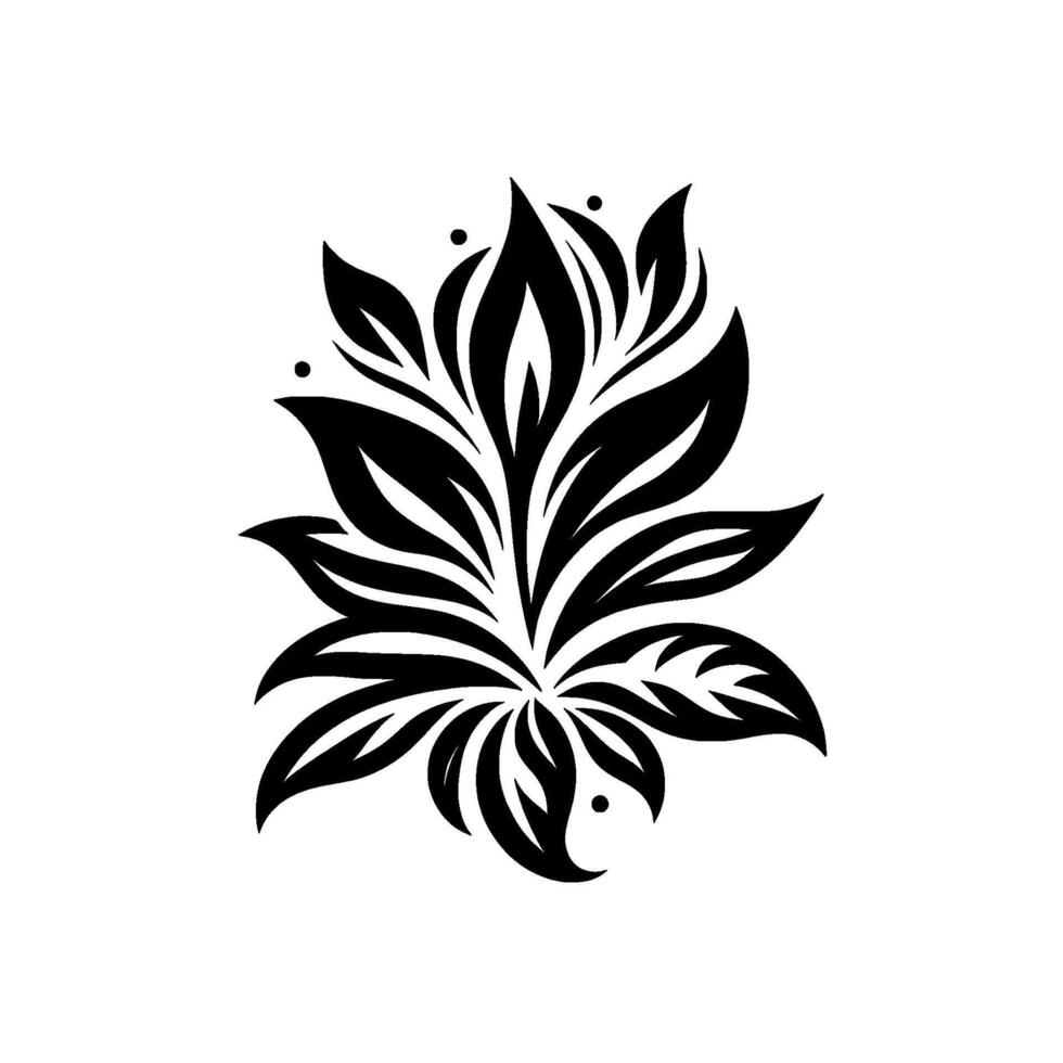 Stylized Black and White Floral on White Background, Featuring Detailed LeafLike Elements and Dots. vector
