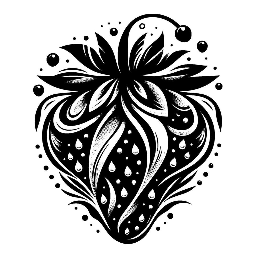 Detailed Black and White Illustration of a Stylized Strawberry with Ornate Leaves, Dewdrops, and Swirls in a Dot and Line Art Style vector