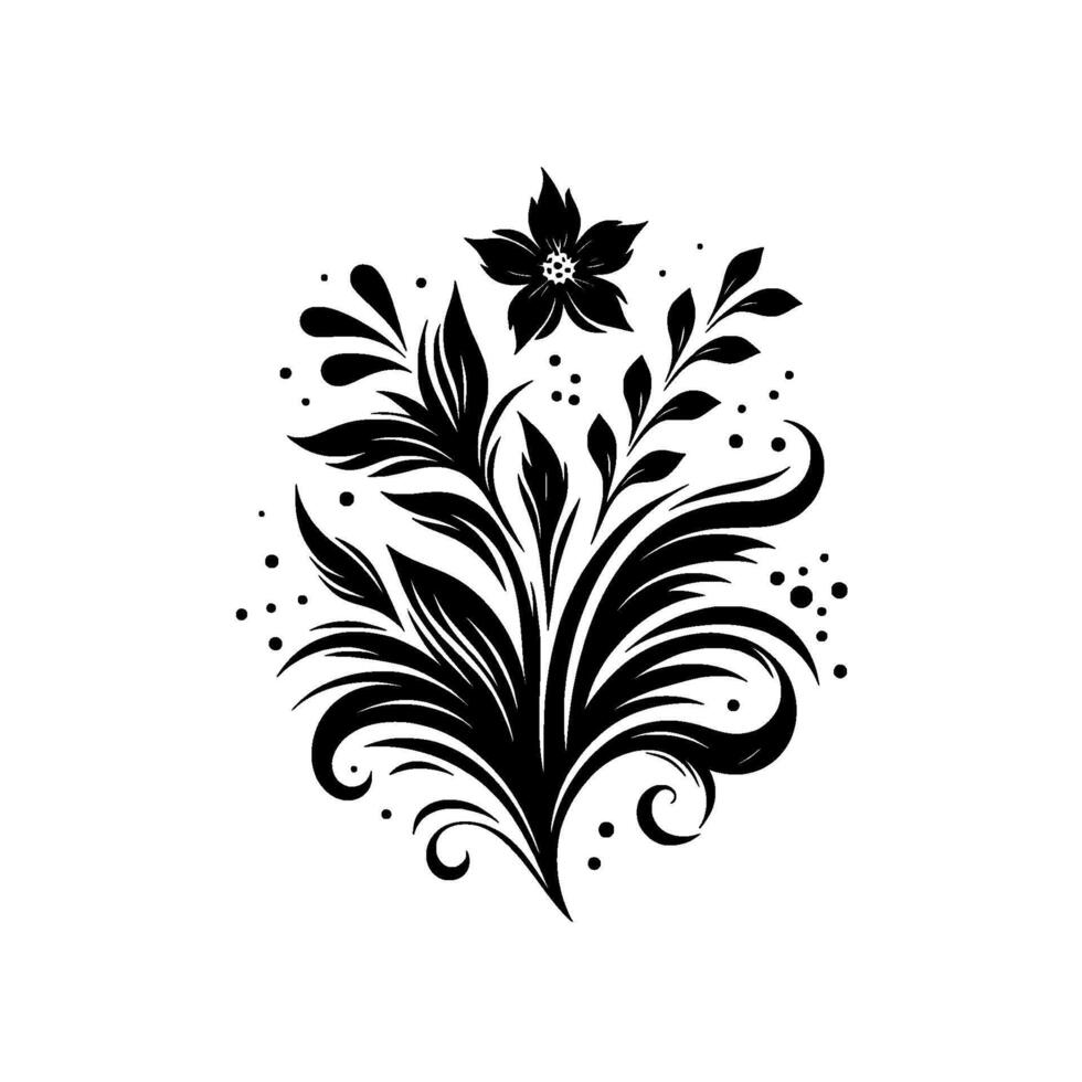 Elegant Black and White Floral with a Single Blossom, Leaves, and Ornamental Swirls in a Symmetrical Arrangement. vector