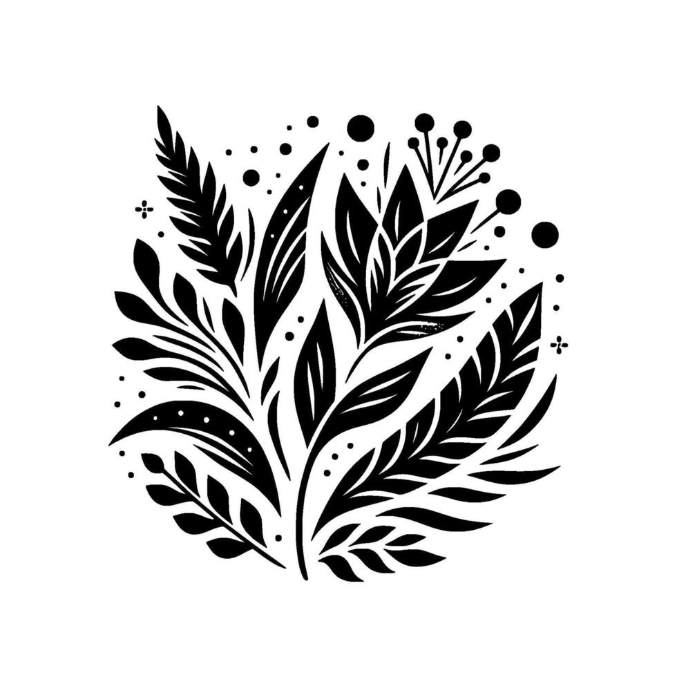 Elegant black and white botanical featuring stylized leaves, berries, and floral elements arranged in a circular composition, evoking organic beauty and simplicity. vector