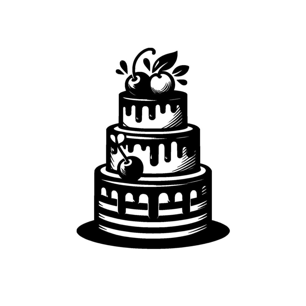 Elegant Black and White ThreeTier Cake with Cherry Topping, Drizzled Chocolate, and a Stripped Base, Style vector