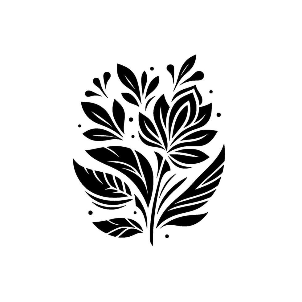 Elegant Monochrome Floral A stylized black and white illustration of a stylized flower with delicate leaves and buds on a clean white background. vector