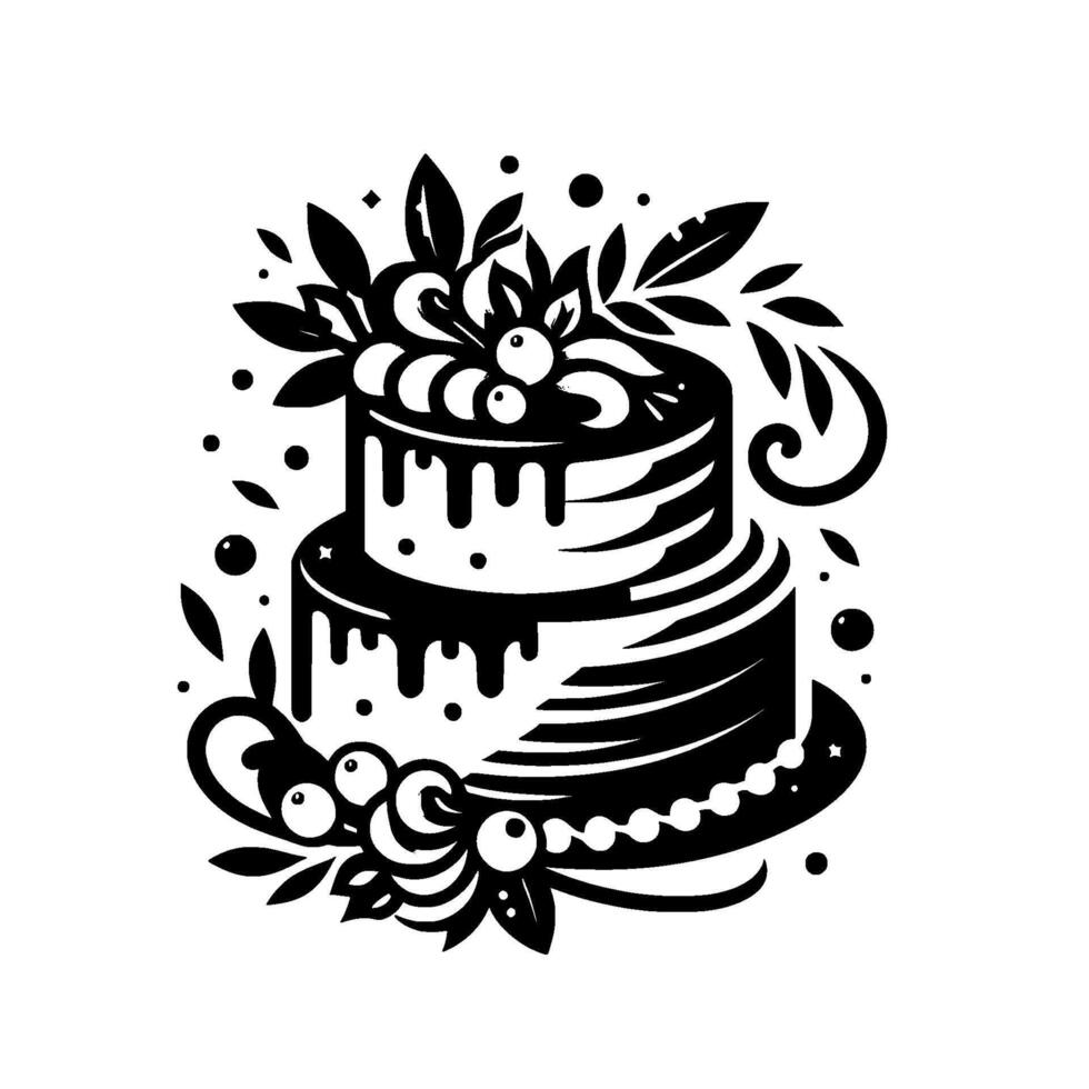 Twotiered monochrome cake illustration, adorned with stylized leaf and berry decorations, showcasing a minimalist for a celebration. vector