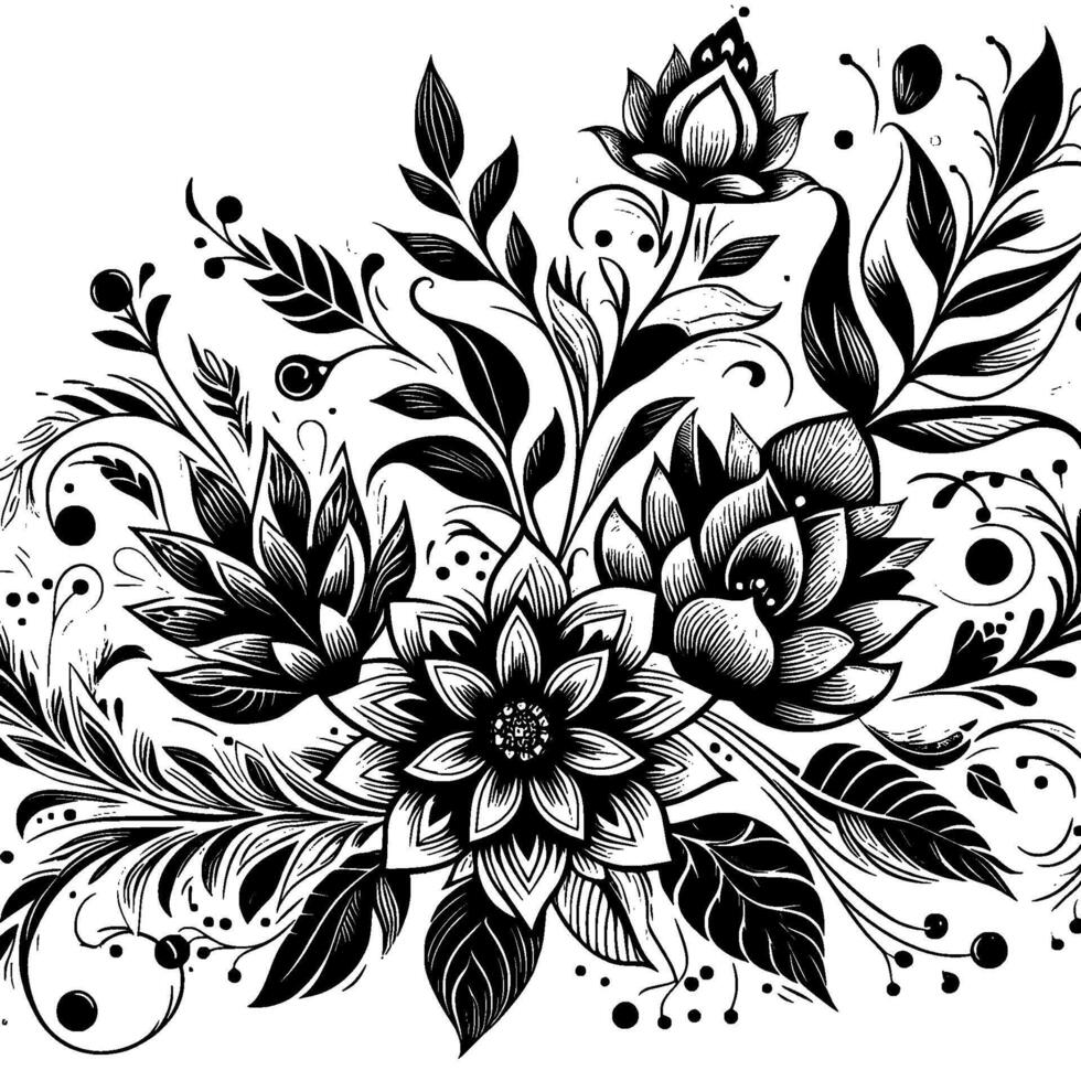 Intricate Black and White Floral Illustration Detailed Line Art Depicting Elegant Blooms, Leaves, and Decorative Swirls on a White Background. vector
