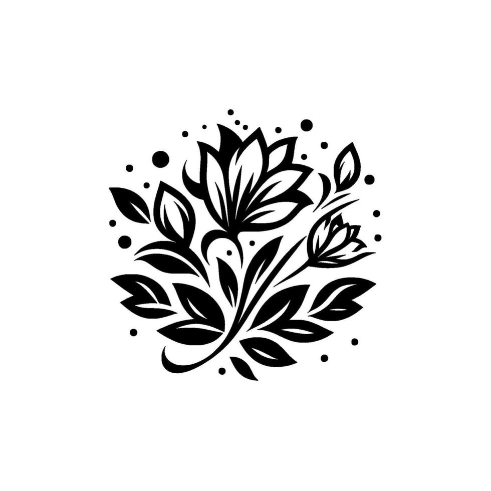 A stylized black and white floral illustration, featuring three flowers, leaves, and dots in a symmetrical circular arrangement on white background. vector