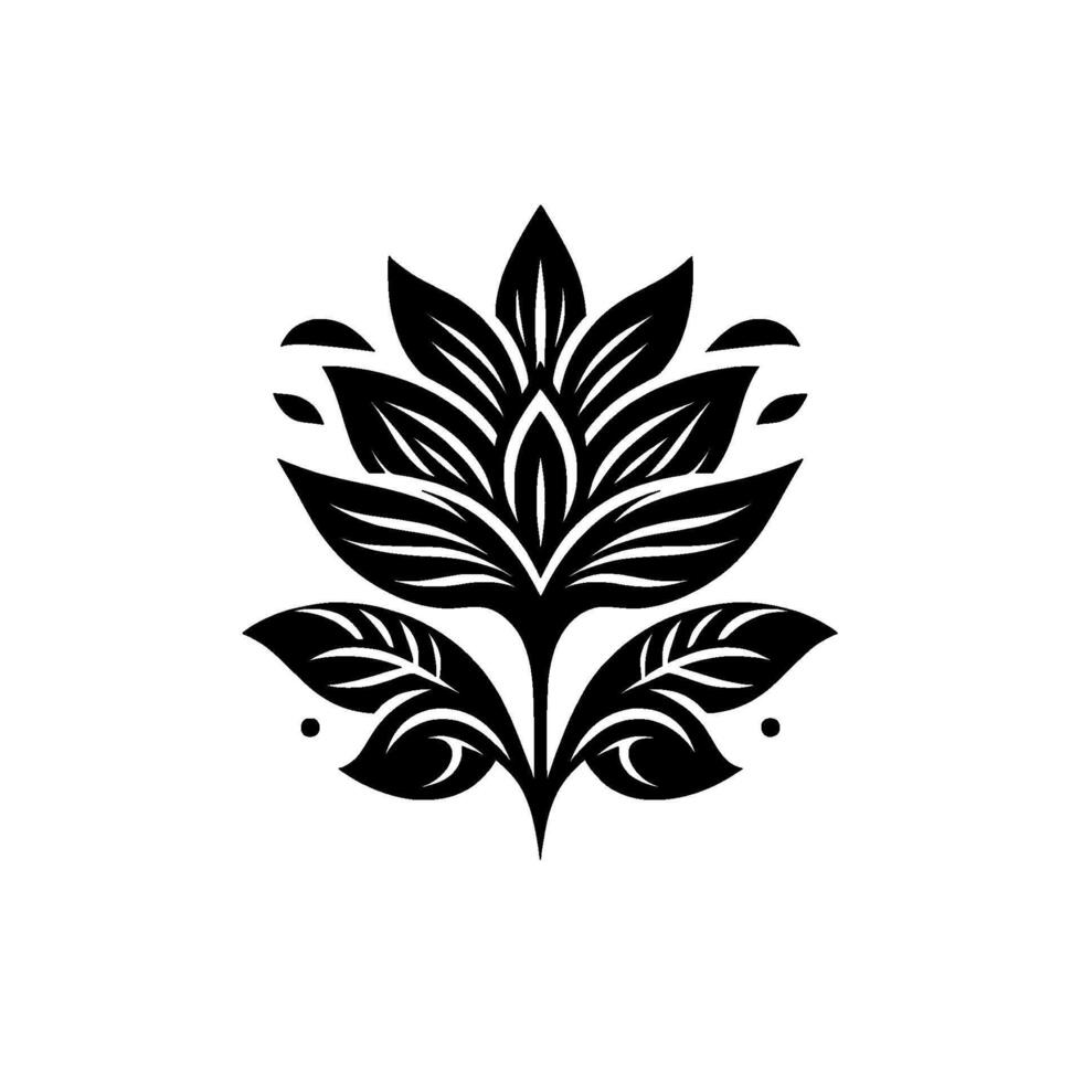 Intricate black floral illustration with stylized leaves, petals, and a symmetrical on a bright white background, evoking simplicity and elegance. vector