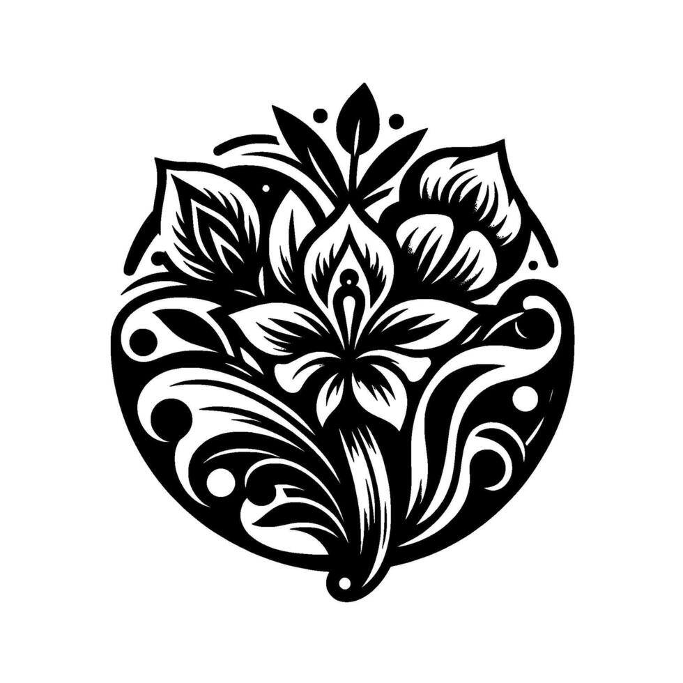 Intricate Black and White Floral Mandala in a Circular Composition Featuring Elegant Leaf and Petal Details. vector