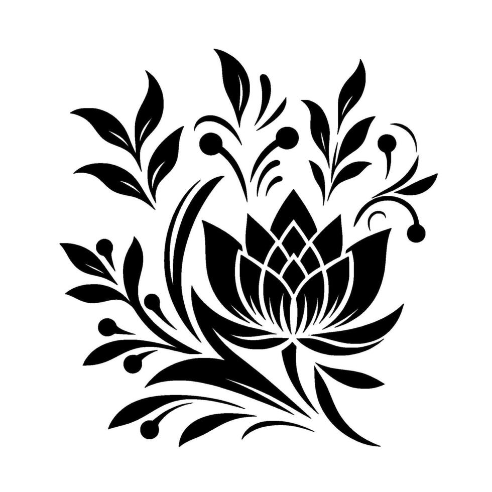 Intricate Black and White Floral Stylized Lotus Blossom and Foliage, Decorative Aesthetic on White Background. vector