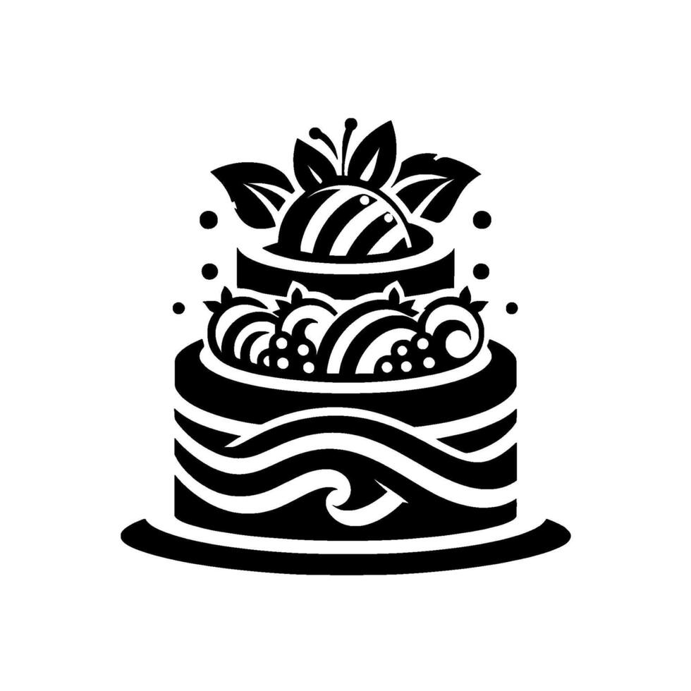 Black and White Cake Illustration Decorative layered cake with berries, leaves, and striped elements, set against a clean white background. vector