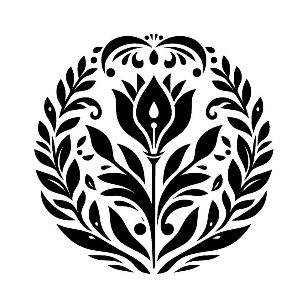 Symmetrical Black White Floral A circular illustration featuring a central stylized flower, surrounded by leaves, curls and decorative elements. vector