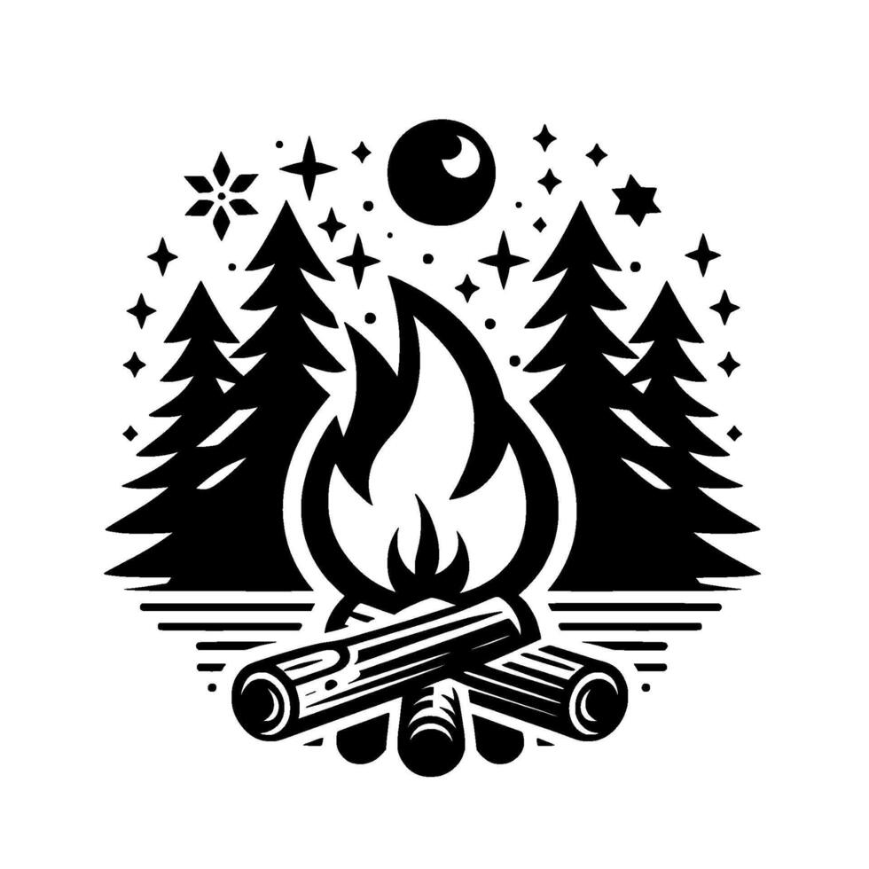 Stylized Black White Circular Campfire Scene Flames, Pines, Logs, Moon, Stars, and Snowflakes against a White Background. vector